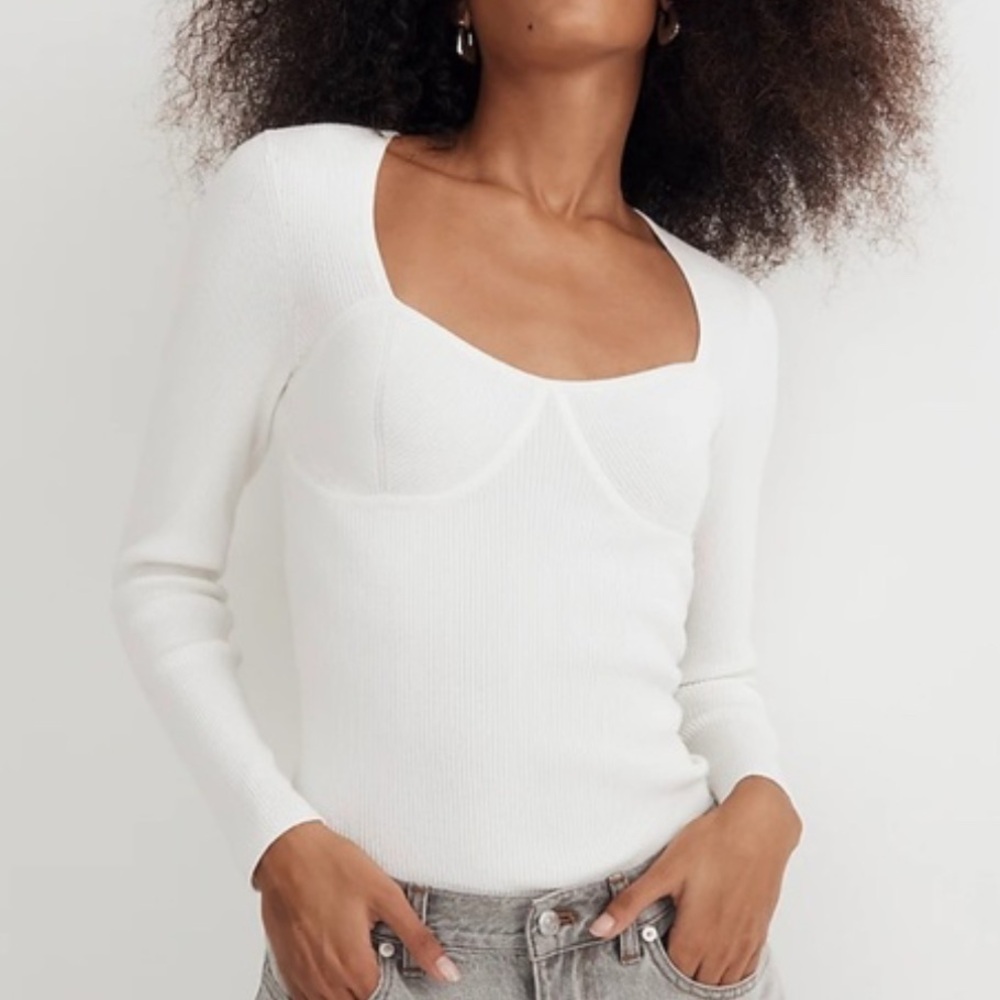 Madewell White Ribbed Bustier Fitted lightweight Long Sleeve Sweater Size Medium